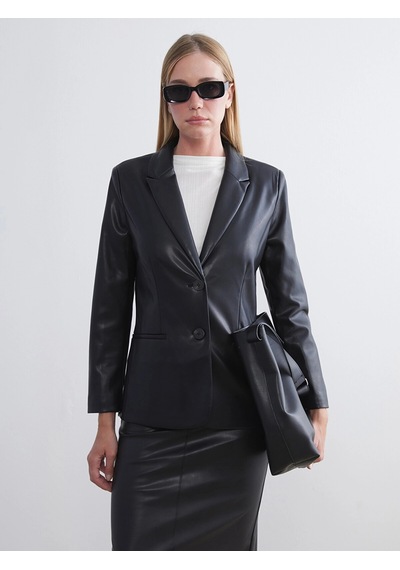 LC Waikiki Lcwaıkıkı Classic Siyah Kadın Deri Görünümlü Blazer Ceket