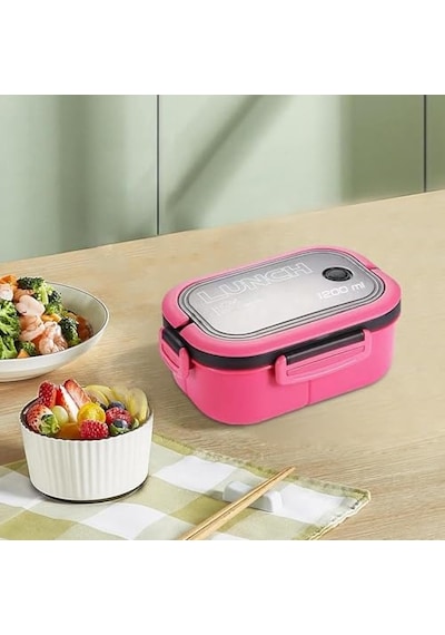 Busstier 1200 Ml 2 Katlı 6 Bölmeli Bpa'sız Pp Plastik Sefer Tası Ve Beslenme Çantası - Hava Kilitli Bento Lunch Box, Çatal Ve Kaşık Dahil Pembe