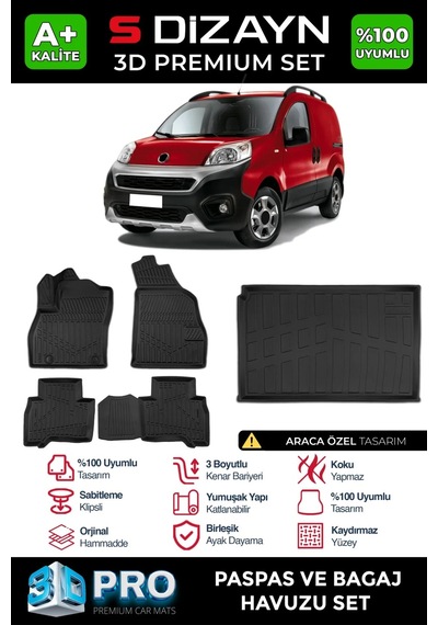 S-dizayn Fiat Fiorino 3d Pro Havuzlu Paspas Ve Bagaj Havuzu Seti 2'li Set 2008-2023 A+ Kalite