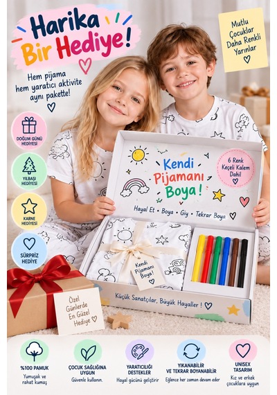 Pijamask Boyanabilir Unisex Çocuk Pijama Takımı 6 Renk Keçeli Kalem Hediyeli, Yıka Tekrar Boya, %100 Pamuk Beyaz