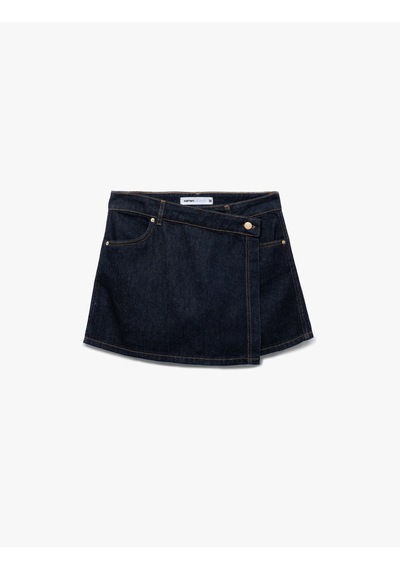 Koton Pamuklu Normal Bel Asimetrik Kesim Düğmeli Denim Şort Etek Koyu İndigo 7wal70002md