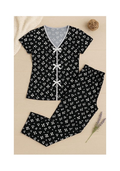 Fantezia Night Kadın Siyah Beyaz Kalp Desenli Fiyonklu Kısa Kollu Pijama Takımı