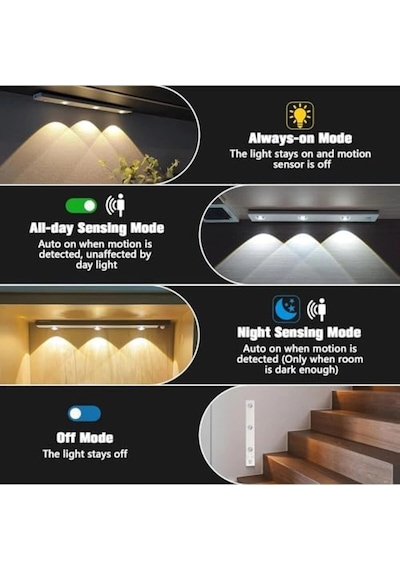 Sbl 3 Led'li Şarjlı Dolap Altı Aydınlatma, Hareket Sensörlü, 3 Modlu, Yapışkanlı, Delme Ger Çok Renkli