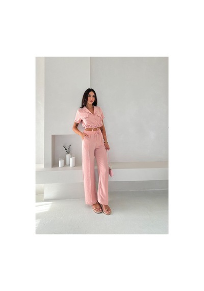 Wellway İthal Keten Kumaş İplik Detaylı Crop Gömlek & Pantolon İkili Takım -pembe Pembe