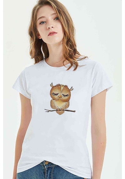 Owl Uykucu Baykuş Baskılı Beyaz Kadın Tshirt