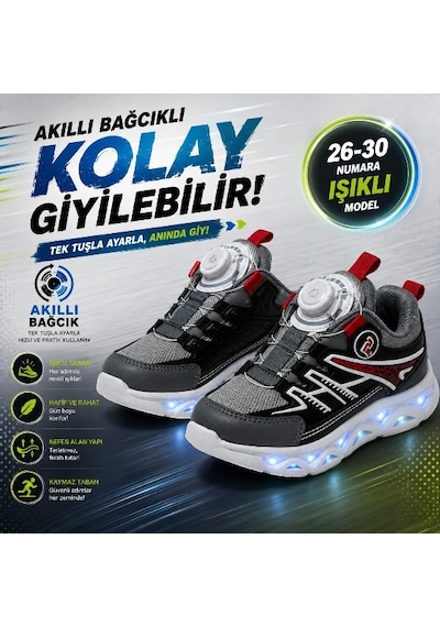 Promax Akıllı Bağcıklı Işıklı Çocuk Spor Ayakkabı Gri 26-30 Kolay Giyilebilir
