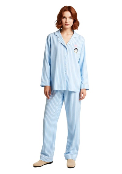 Ersefa Kadın Gömlek Yaka Çizgili Pamuklu Pijama Takımı Penguen Detaylı F Açık Mavi