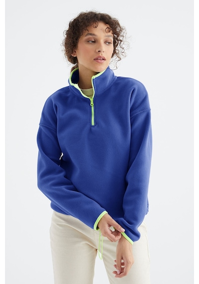 TOMMYLIFE Saks Yarım Fermuar Etek Ucu Büzgülü Dik Yaka Standart Kalıp Kadın Polar Sweatshirt - 97234