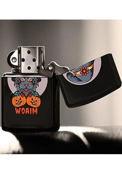 Renkli Baskılı Halloween Tasarımlı Metal Çakmak Açık Gri - Füme