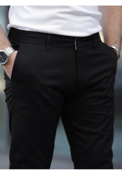 Slim Fit Chino Keten Pantolon Siyah