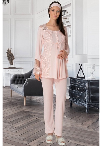 Mecit Pijama 5353 Sandra Dantelli Yaka Sabahlıklı Lohusa Pijama Takımı 001