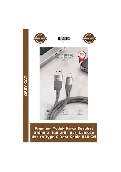 Premium Yedek Parça Seyahat Ürünü Dijital Ürün Şarj Kablosu Usb To Type-c Data Kablo U18 Gri