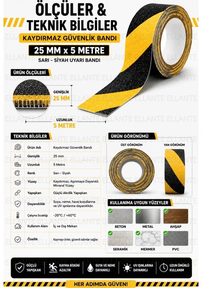 Kaydırmaz Güvenlik Bandı 25 Mm X 5 Metre Sarı Siyah Güçlü Yapışkanlı Merdiven Rampa Zemin Kaydırmaz