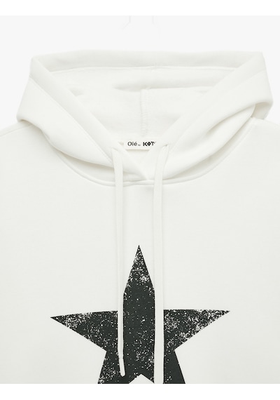 Koton Rahat Kalıp Arkası Baskılı Şardonlu Kapüşonlu Sweatshirt Ekru 7wal10048ık