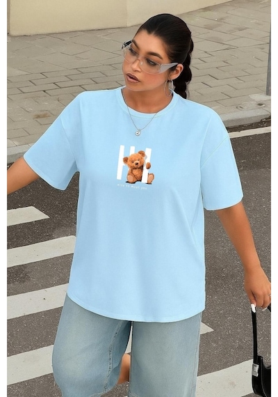 Benroma Büyük Beden Ayıcık Baskılı Unisex Tişört Bebe Mavisi