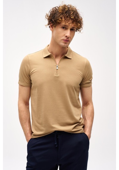 Bej Slim Fit Dar Kalıp Fermuarlı Polo Yaka Düz Kısa Kollu Tişört-16408 Bej