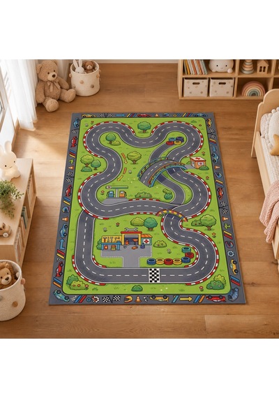 Kartela Halı Orman Yarış Pisti Kaymaz Taban Çocuk Oyun Halısı - 80 x 120 CM