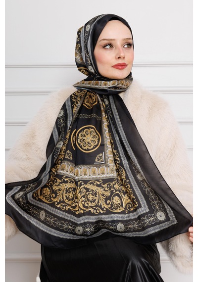 Sevitli Versace Desenli Hint İpeği Şal-siyah-4531
