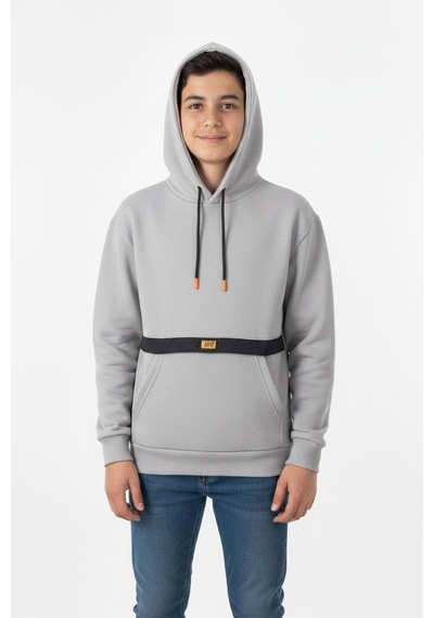 Kapşonlu Kanguru Cepli Detaylı Erkek Çocuk Sweatshirt-90835 Gri