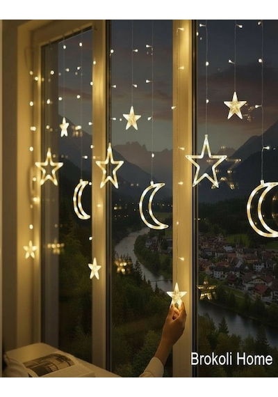 3 Metre Ay Yıldız Led Saçaklı Hilal Led Ramazan Ayı Led Işık Zinciri Günışığı Fişli 8 Fonksiyonlu Gün Işığı