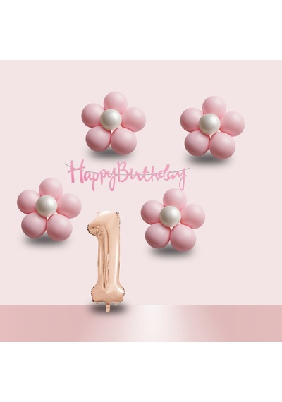 1 Yaş Pembe Papatya Temalı Rosegold Rakam Pembe Happy Birthday Banner Doğum Günü Süsleme