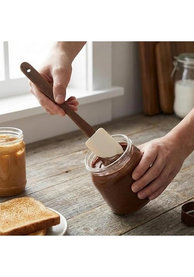 4&apos Lü Mini Akasya Ahşap Saplı Silikon Spatula Seti - 21 Cm Kavanoz Sıyırma, Pasta Süsleme Ve Yumurta Fırçası - Yanmaz Yapışmaz Krem Mutfak Seti 0