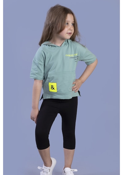 Toontoy Kids Toontoy Kız Çocuk 2'li Takım Baskılı Kapüşonlu Cepli Kısa Kollu Yırtmaçlı Sweatshirt & Basic Düz Crop Tayt Yeşil