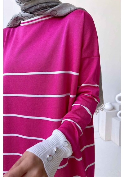 Kahijab Bisiklet Yaka Çizgili Merserize Tunik - Fuşya