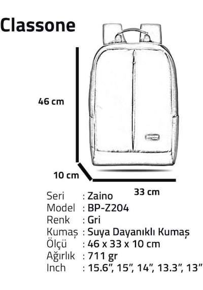 Classone Bp-Z204 Zaino Serisi 15.6" Uyumlu Su Geçirmez Laptop Notebook Sırt Çantası Gri