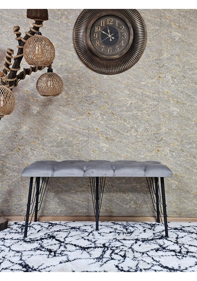 Zafir Metal Siyah Tel Ayaklı 100 Cm Puf Bench - Puf - Bench - Oturak - Mutfak Oturağı - Antre Oturağı Gri