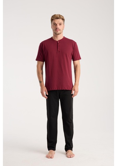 Akbeniz Erkek Bordo Düğmeli Yaka Kısa Kol Pijama Takımı