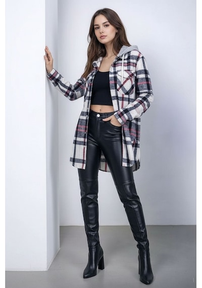 Mamayaga Kadın Desen Bloklu Oduncu Oversize Geniş Kalıp Casual Cepli Kapüşonlu Uzun Boy Ceket Gömlek Pembe