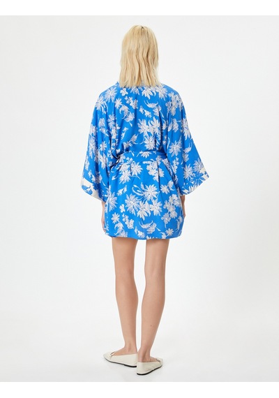 Koton Oversize Kimono Viskon Çiçekli Kuşaklı Mavi Desenli 4sak50028ew Mavi Desenli