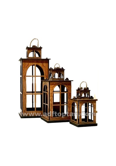 Dekoratif Ahşap 3 lü set Fener Mumluk 20 CM Teşhir Ürün
