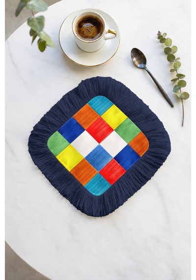 Renkli Patchwork Saçaklı Sunum Servis Altlığı Mendil - Modern Enerjik Lacivert Sunumluk Peçete Gün Batımı Krem