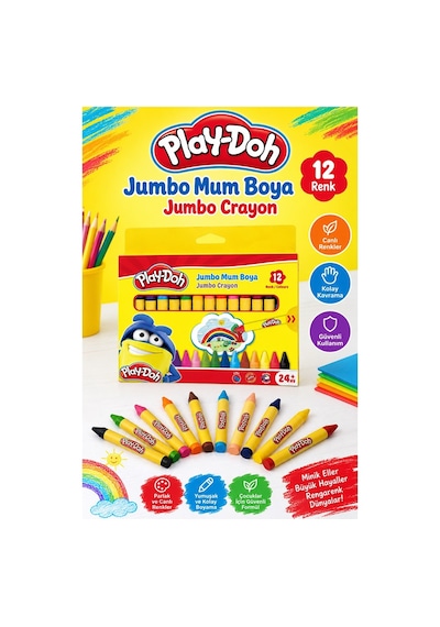 Jumbo Mum Boya 12 Li 1 Paket Play-doh 12 Renk Mumboya Elleri Kirletmeyen Yıkanabilir Silinebilir Karton Kutu Çok Renkli