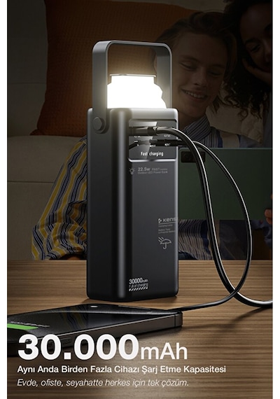 30.000 Mah Outdoor Led Işıklı Hızlı Şarj Powerbank Usb-c & Çoklu Cihaz Desteği siyah