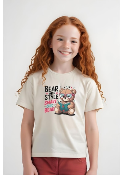 Fyk Kids Kız Çocuk Basic Bear Stayle Baskılı T-shirt Krem