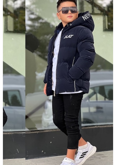 Pina Kids Erkek Çocuk Kapüşonlu Baskılı Reflöktör Detaylı Nova Kumaş Kışlık Şişme Mont Km4017 Lacivert