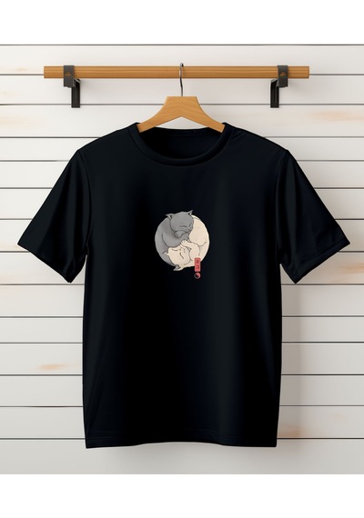 Yin Yang Kedi Baskılı Tshirt Siyah