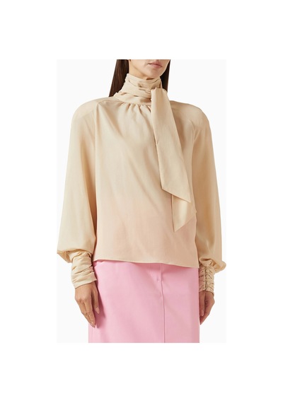Rowen Rose Oversized Bow - Neck Blouse, Lüks Georgette Yüksek Yakalı Şık Balon Kollu Bluz Bej