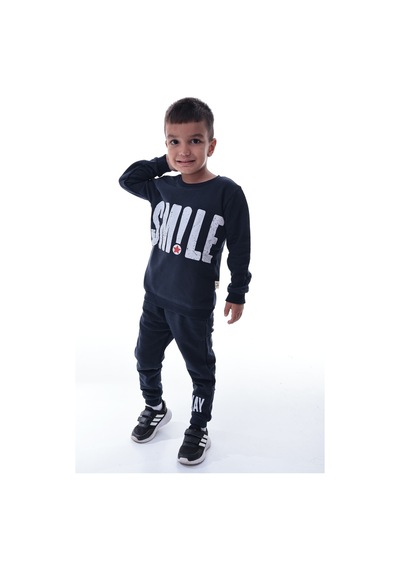 Erkek Çocuk Eşofman Takımı Smile Baskılı Rahat Spor Üst Alt Takım Günlük Kombin Siyah