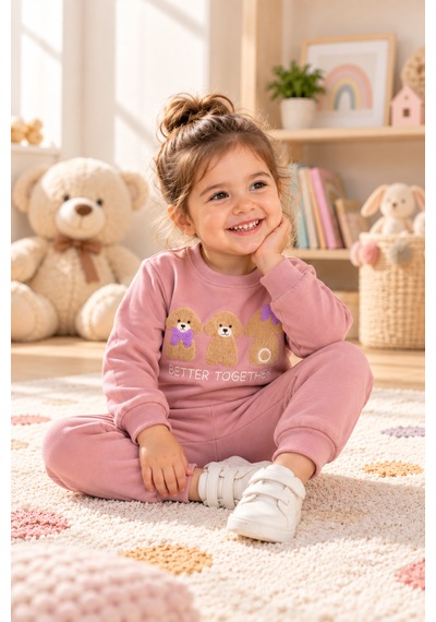 Tucankids Kız Çocuk Ayıcık Nakışlı 2 İplik Kompak Eşofman Takımı 1-4 Yaş Gül Kurusu
