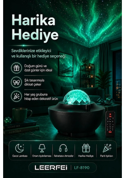 Parti Işığı Özellikli Galaksi Projeksiyon Lambası Kumandalı Gece Aydınlatması