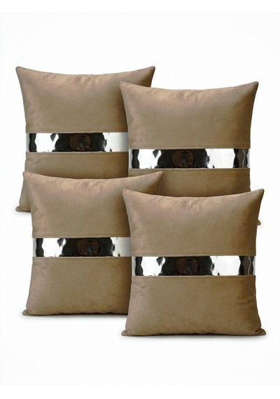 Venüs 07 Gold Şeritli 4 Lü Set Dekoratif Ve Modern Modern Tasarım Kırlent Kılıfı Lüks Koltuk Yastık Kılıfı Gümüş