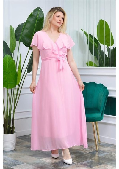 Dip Moda Kadın Melek Kol Uzun Şifon Elbise Dpnb0001 Pudra