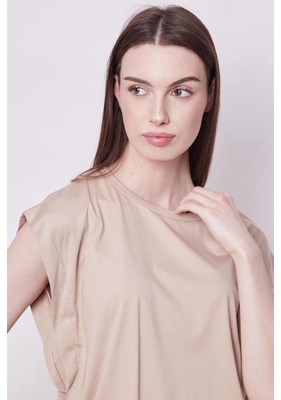 Jument Şık Likralı Span Kumaş Kolsuz Geniş Sıfır Yaka Düşük Omuzlu Basic Tshirt Bluz-koyu Bej K.bej