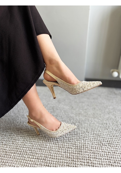 Asmi Shoes Kadın Marlen İnci Süslemeli İnce Topuklu Abiye Ayakkabı Düğün&davet Gold Altın