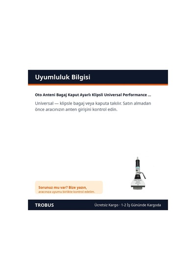 Trobus Oto Anteni Bagaj Kaput Ayarlı Klipsli Universal Performance Power 5000 Siyah Krom 1 Adet