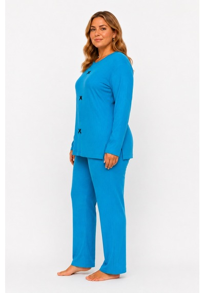 Sleeproom Büyük Beden Kadın Kaşkorse Mevsimlik Mavi Pijama Takımı